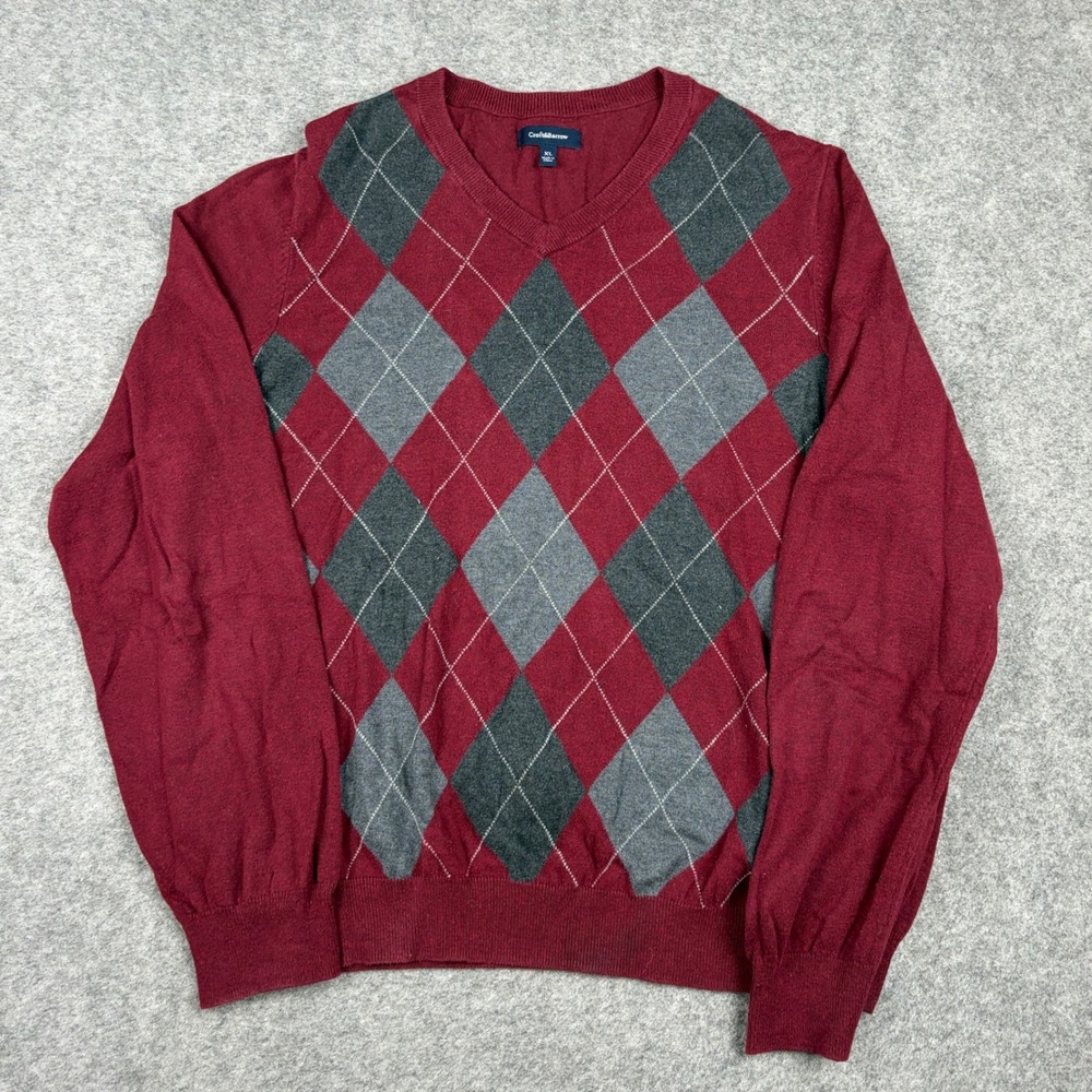 Croft Barrow Sweater Mens XL Argyle V-Neck Burgundy Knit Preppy Golf‎ Pullover